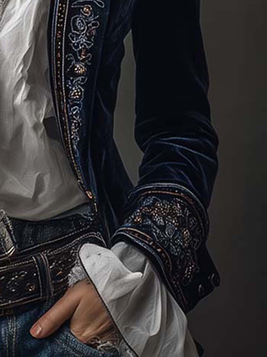 Lucy I Vintage Navy Embroidered Longline Jacket