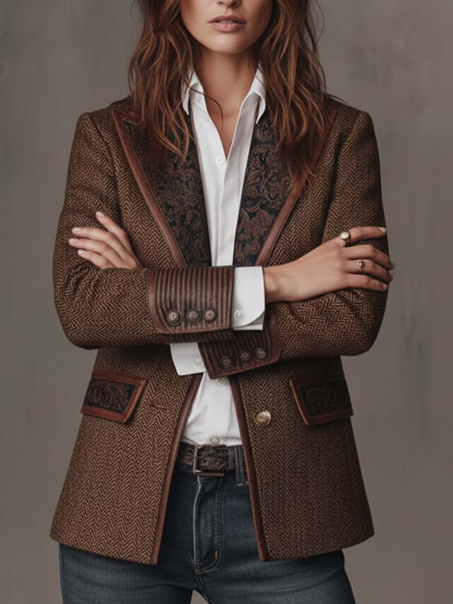Elodie I Herringbone Printed Panel Blazer