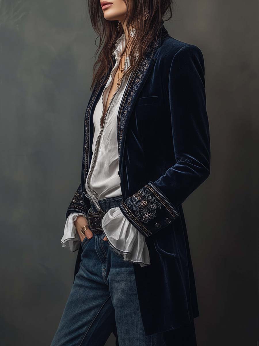 Lucy I Vintage Navy Embroidered Longline Jacket