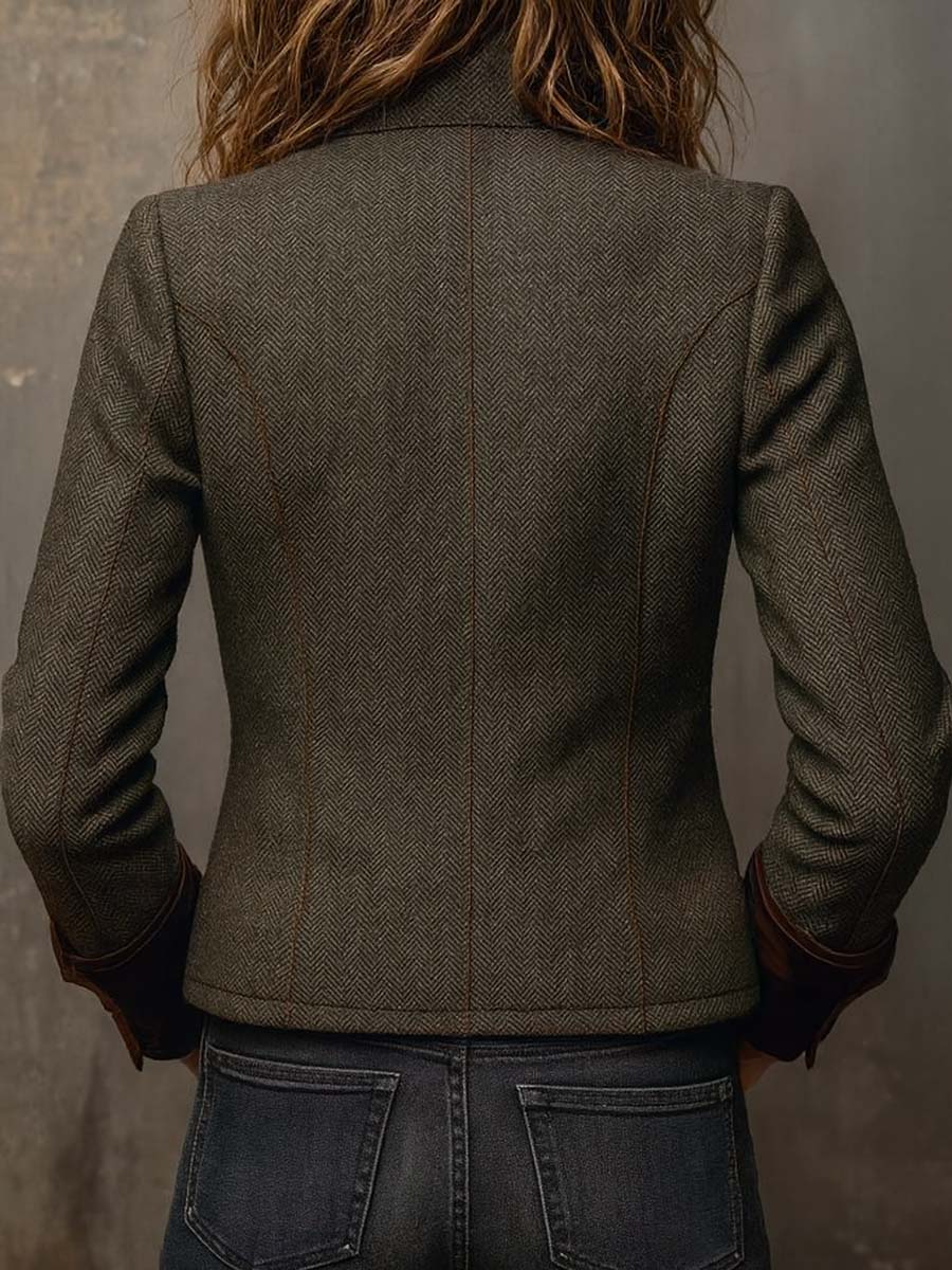 Vera I Vintage Herringbone Contrast Trim Blazer