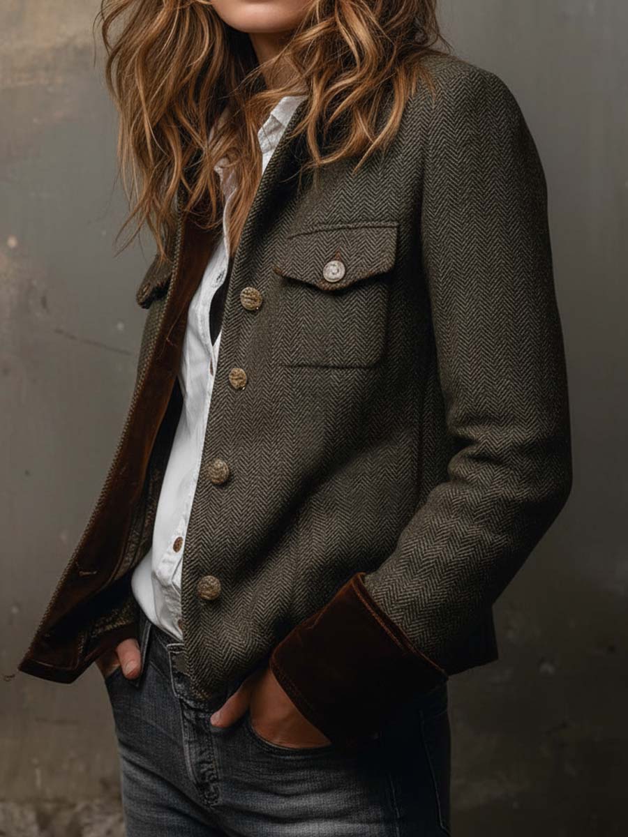 Vera I Vintage Herringbone Contrast Trim Blazer