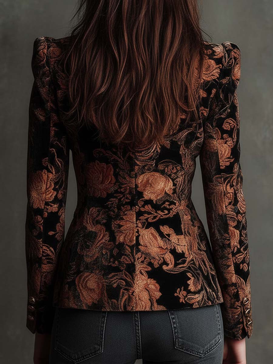 Marlowe I  Black And Bronze Floral Print Tailored Blazer