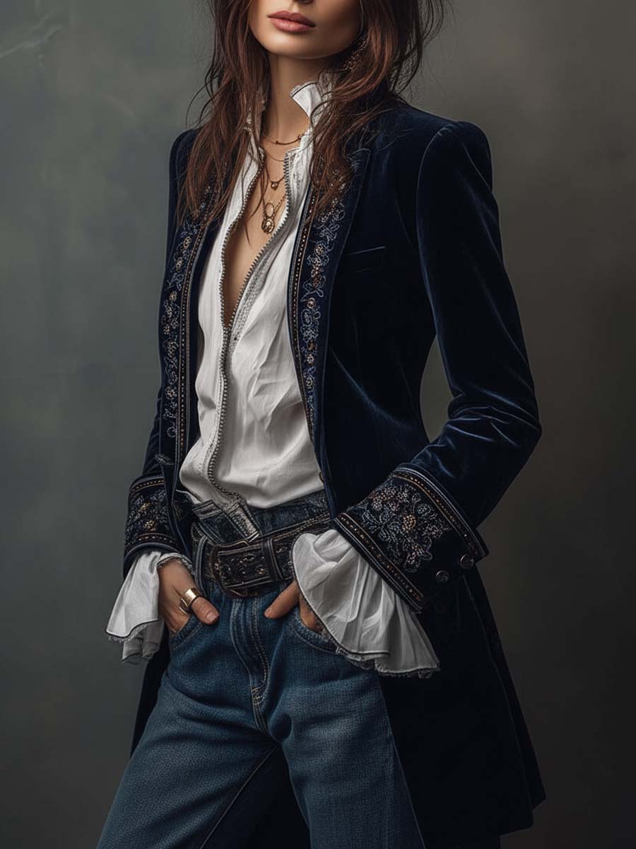Lucy I Vintage Navy Embroidered Longline Jacket