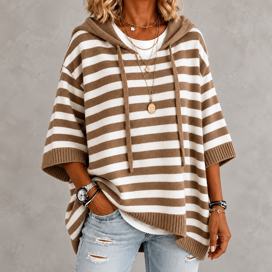 Mathilde – Taupe Striped Poncho Sweater