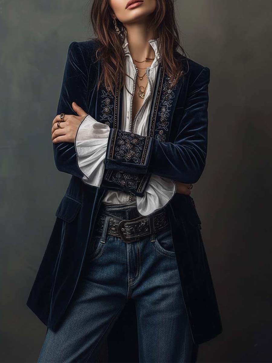 Lucy I Vintage Navy Embroidered Longline Jacket