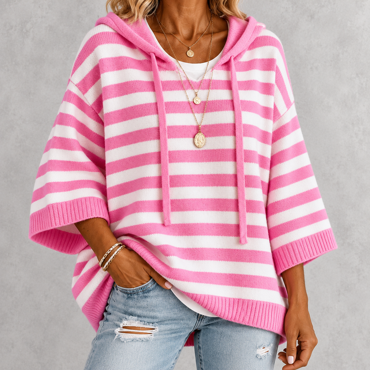 Emilie – Pink Striped Poncho Sweater