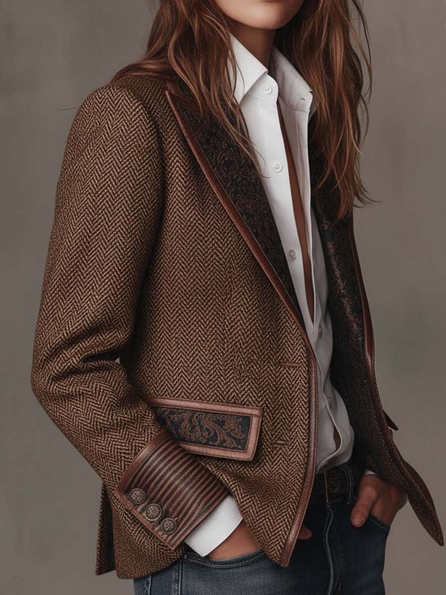Elodie I Herringbone Printed Panel Blazer