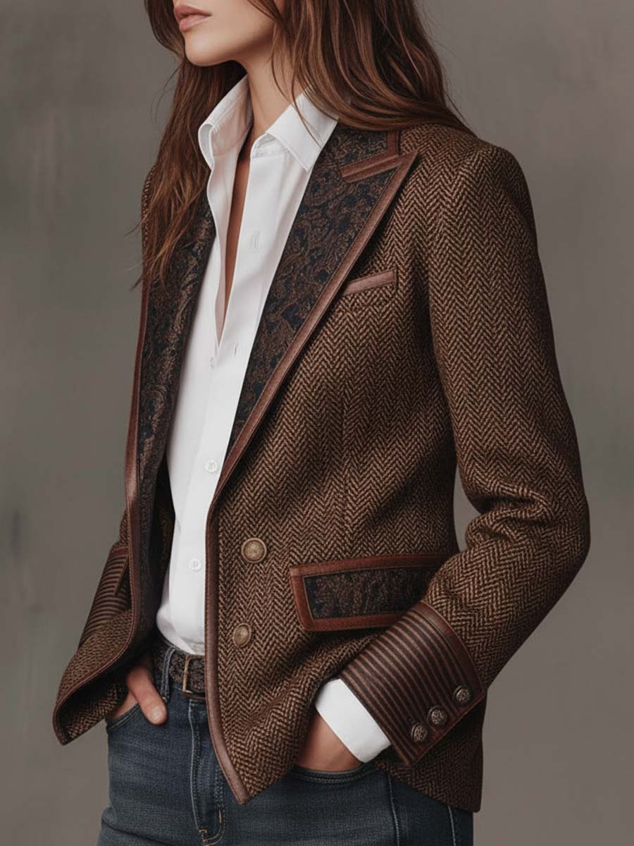 Elodie I Herringbone Printed Panel Blazer