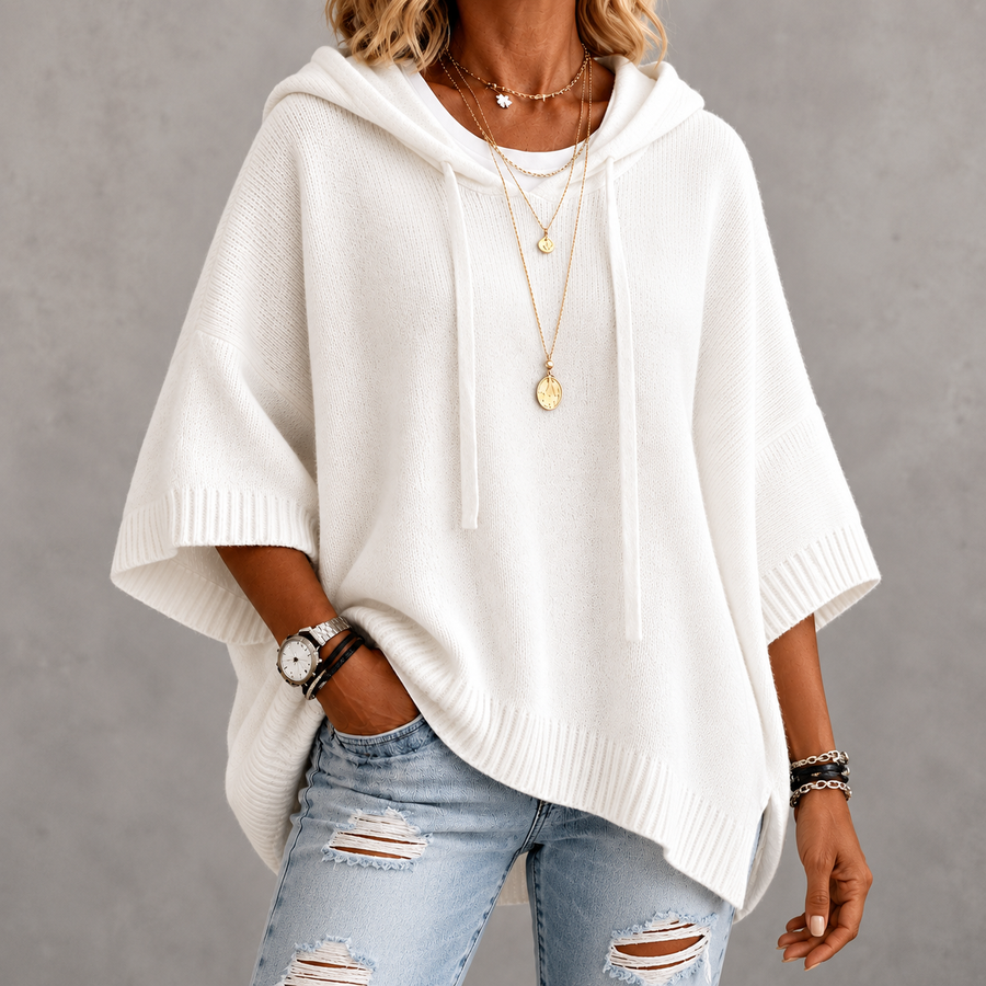 Janice – White Poncho Sweater