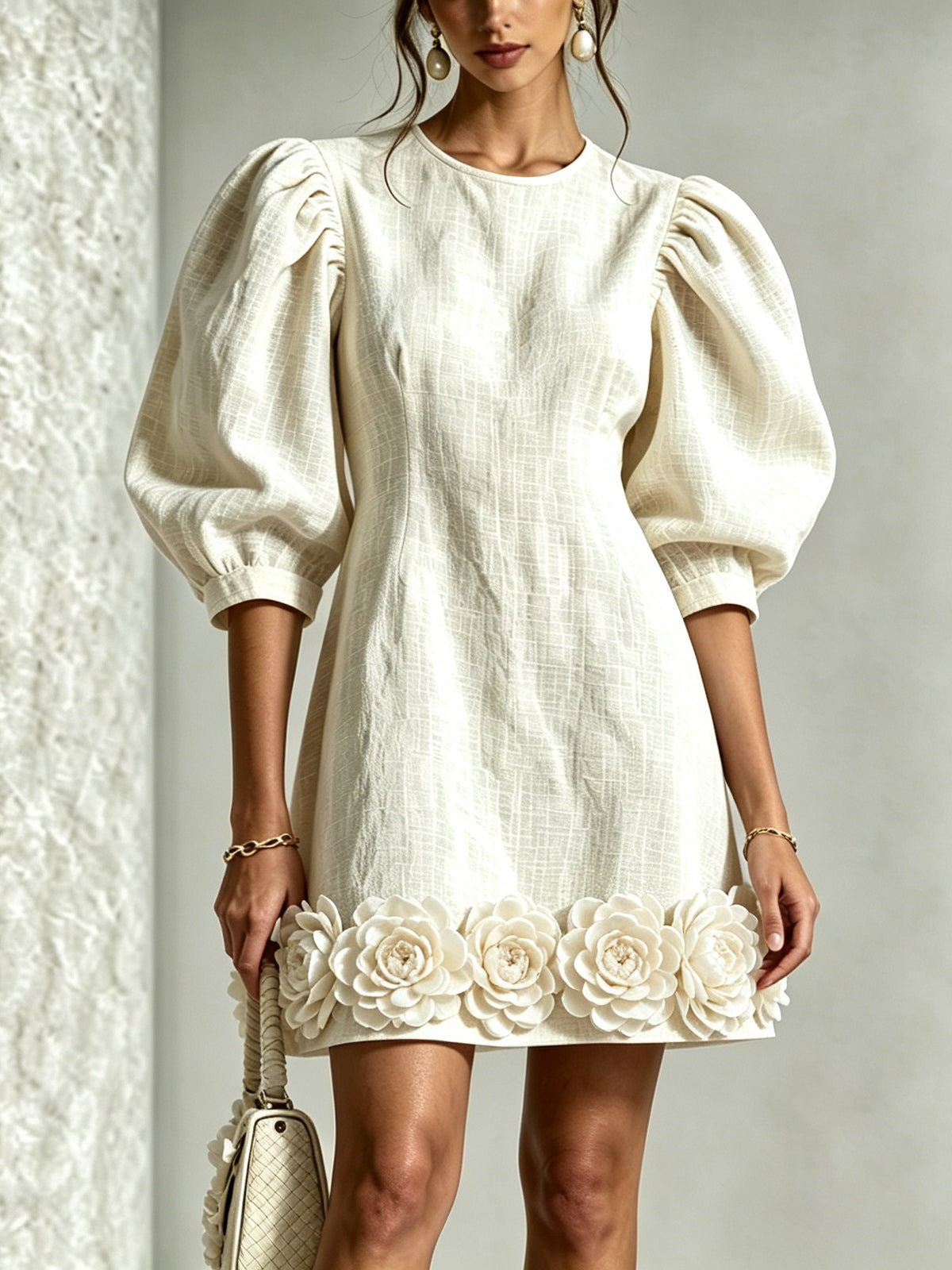 ALINA | 3D FLORAL PUFF-SLEEVE MINI DRESS