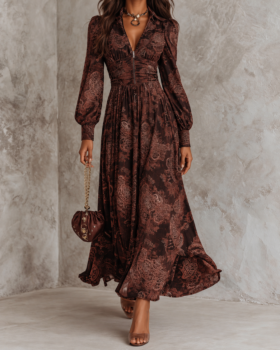 Eloise | Paisley Zip-Waist Long-Sleeve Maxi Dress for Women