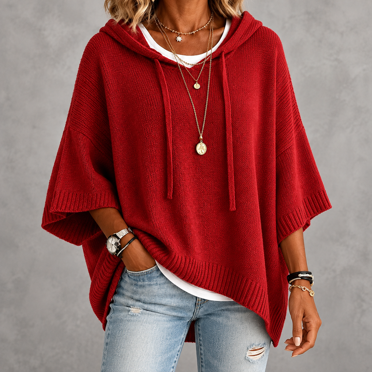 Claire – Red Poncho Sweater