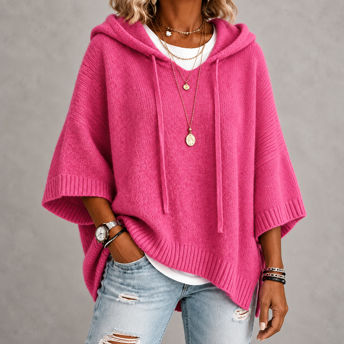 Chloe – Pink Poncho Sweater