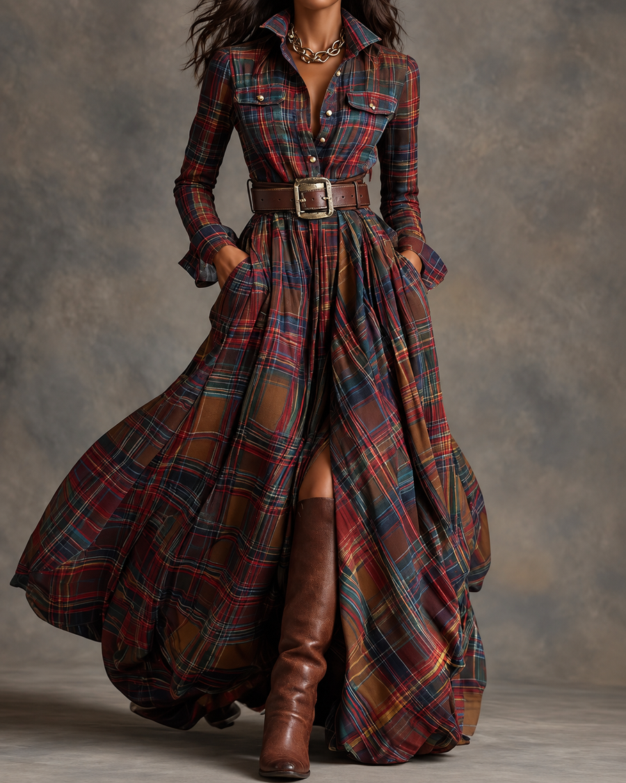 Henrietta | Belted Button-Front Long-Sleeve Maxi Shirt Dress for Women
