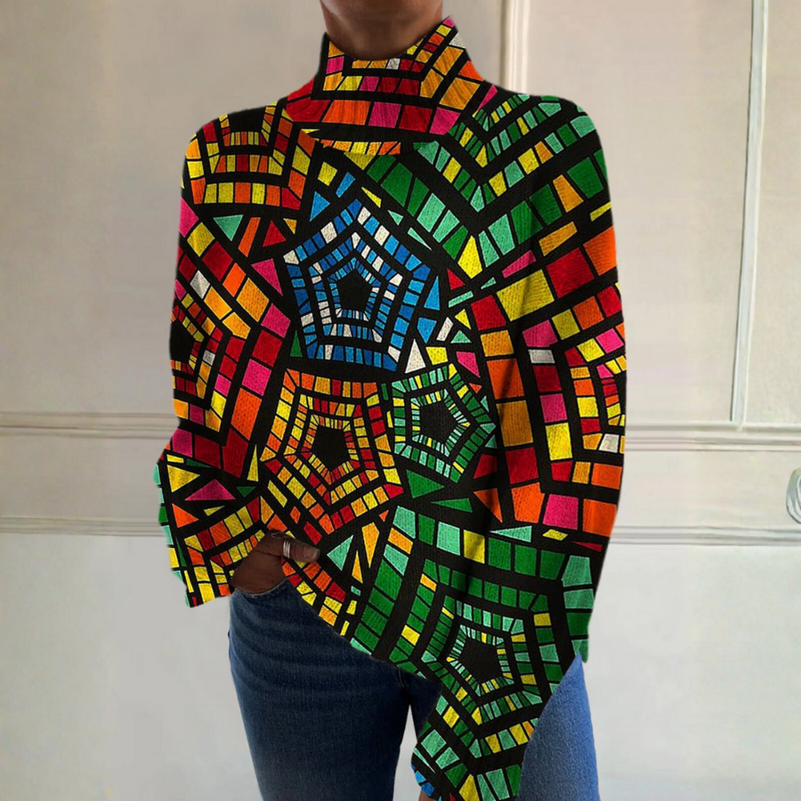 Layla - Retro colorful geometric print turtleneck sweater