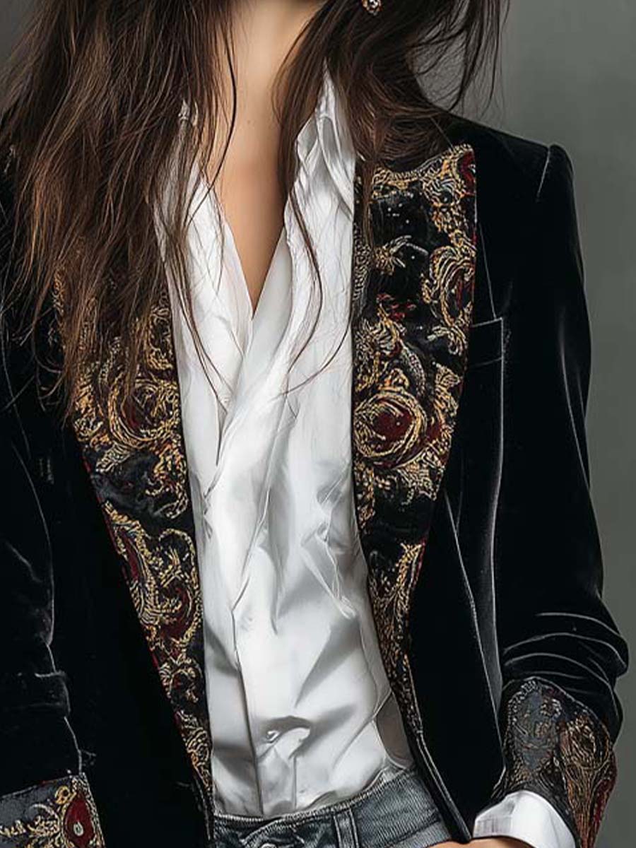 Sienna I Black Baroque Print Lapel Slim Fit Blazer