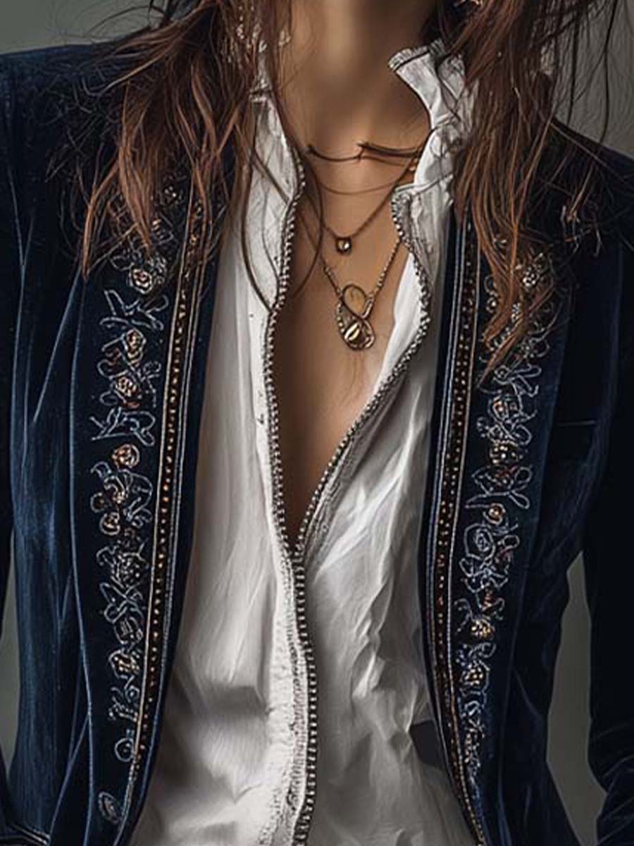 Lucy I Vintage Navy Embroidered Longline Jacket