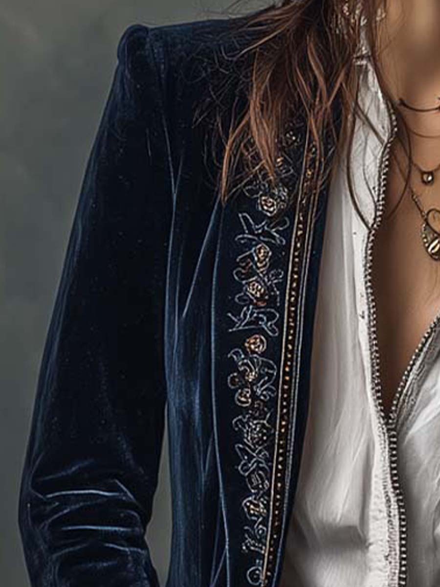 Lucy I Vintage Navy Embroidered Longline Jacket