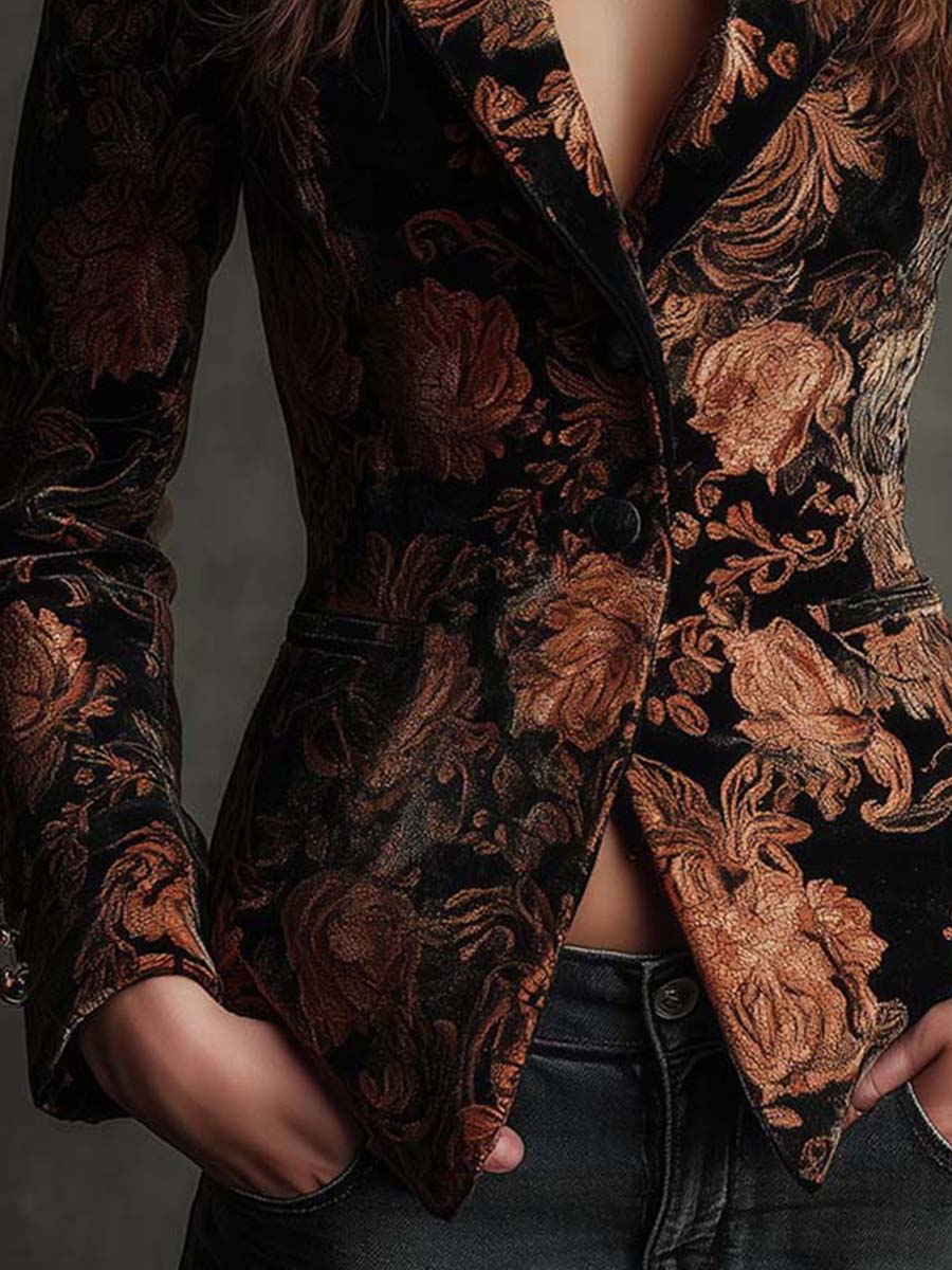 Marlowe I  Black And Bronze Floral Print Tailored Blazer