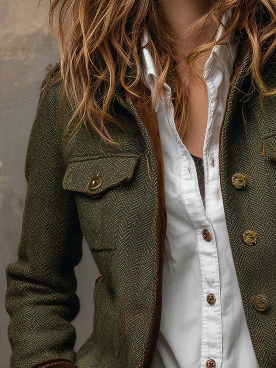 Vera I Vintage Herringbone Contrast Trim Blazer