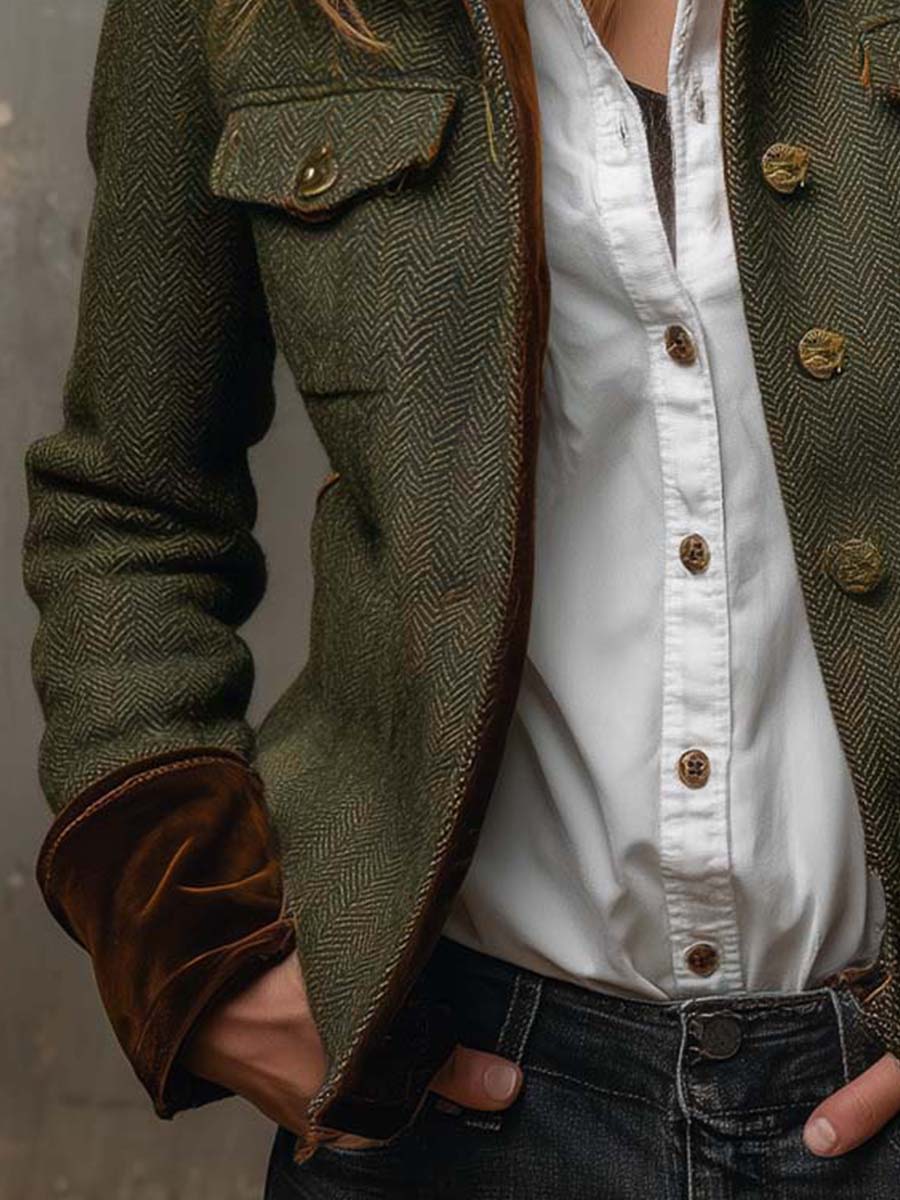 Vera I Vintage Herringbone Contrast Trim Blazer