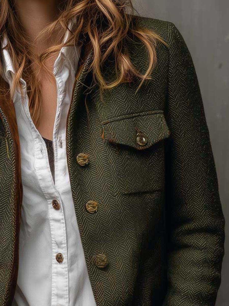 Vera I Vintage Herringbone Contrast Trim Blazer