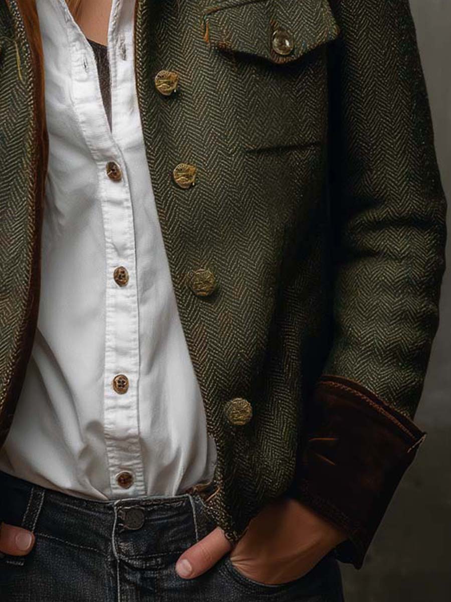 Vera I Vintage Herringbone Contrast Trim Blazer