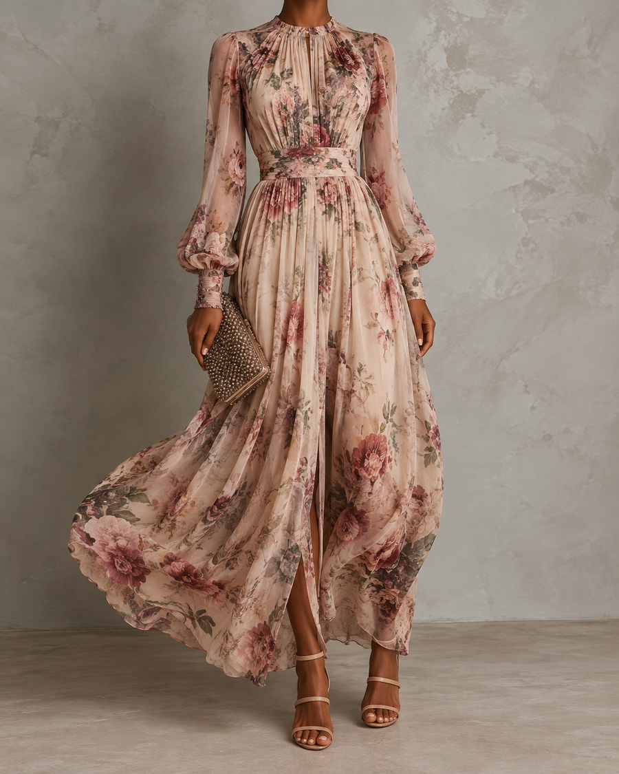 Amelie | Vintage Floral High-Neck Maxi Dress for Women