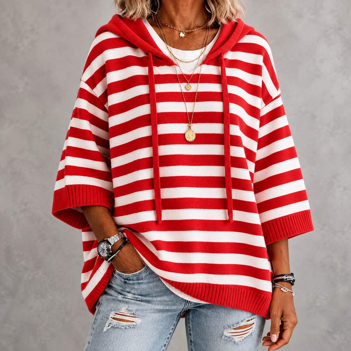 Charlotte – Red Striped Poncho Sweater