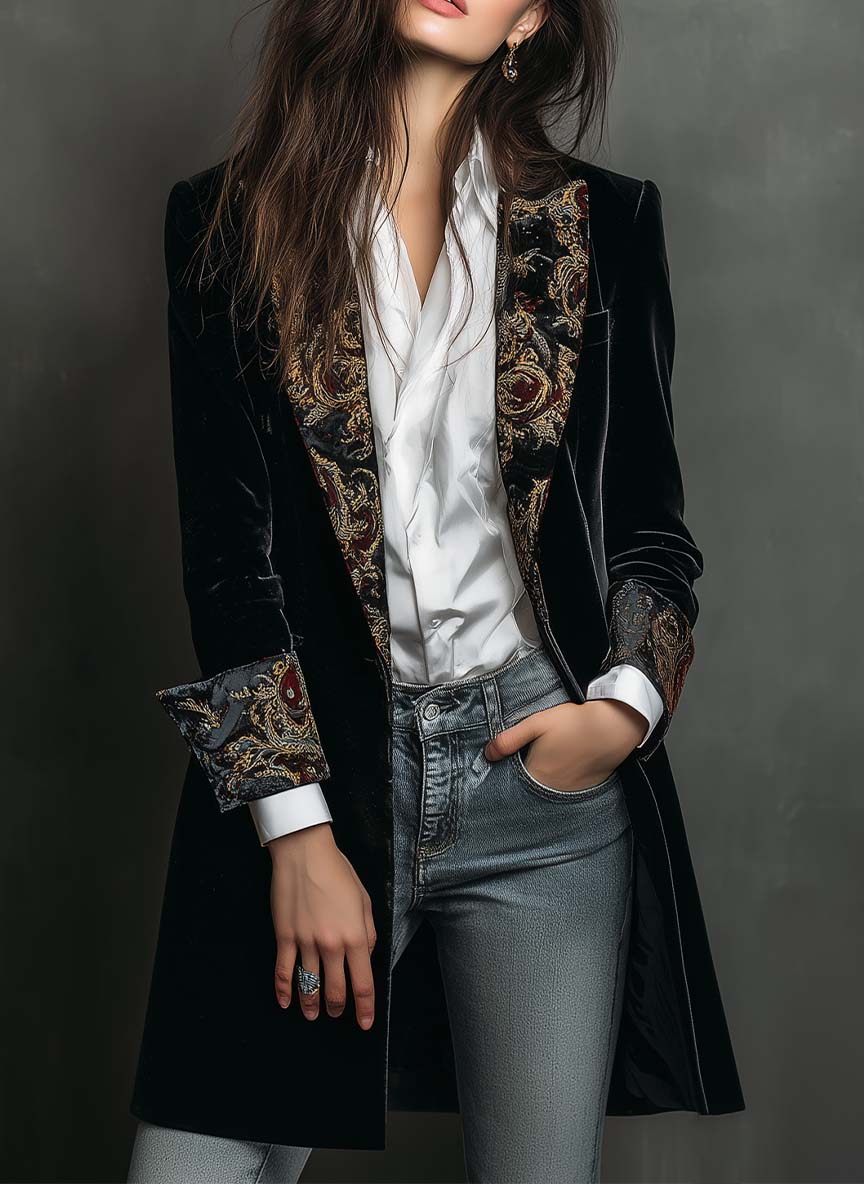 Sienna I Black Baroque Print Lapel Slim Fit Blazer