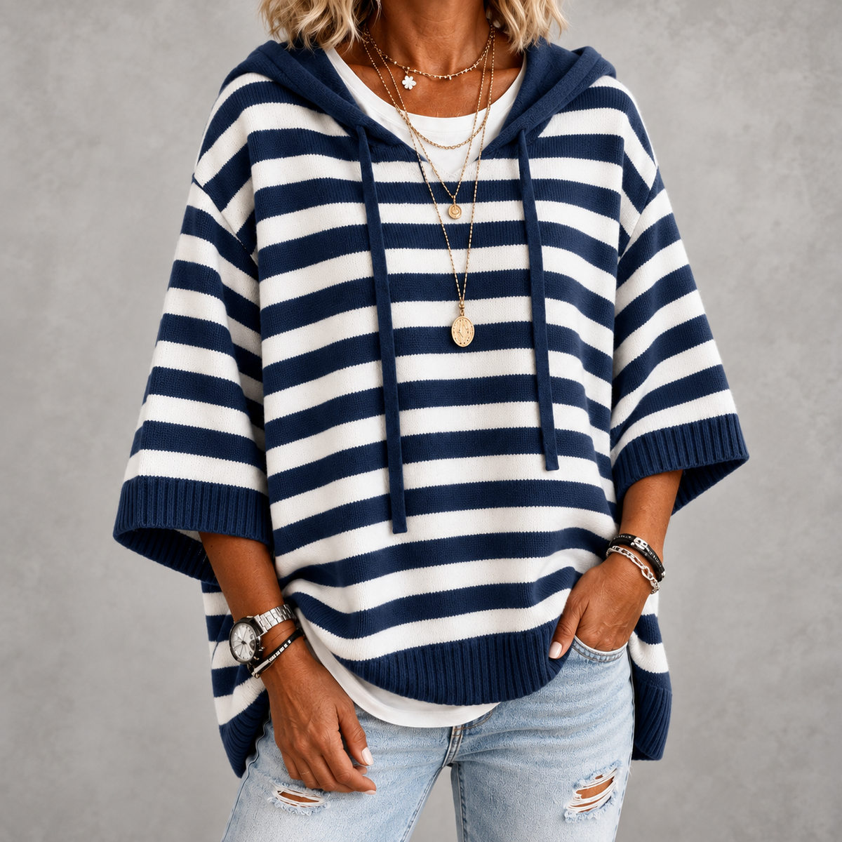 Marine – Navy Blue Striped Poncho Sweater