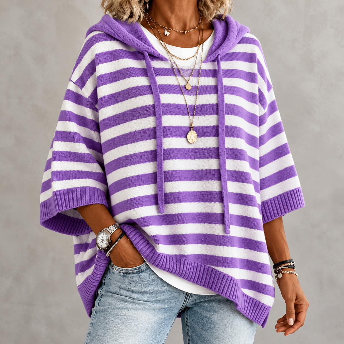 Anais – Purple Striped Poncho Sweater