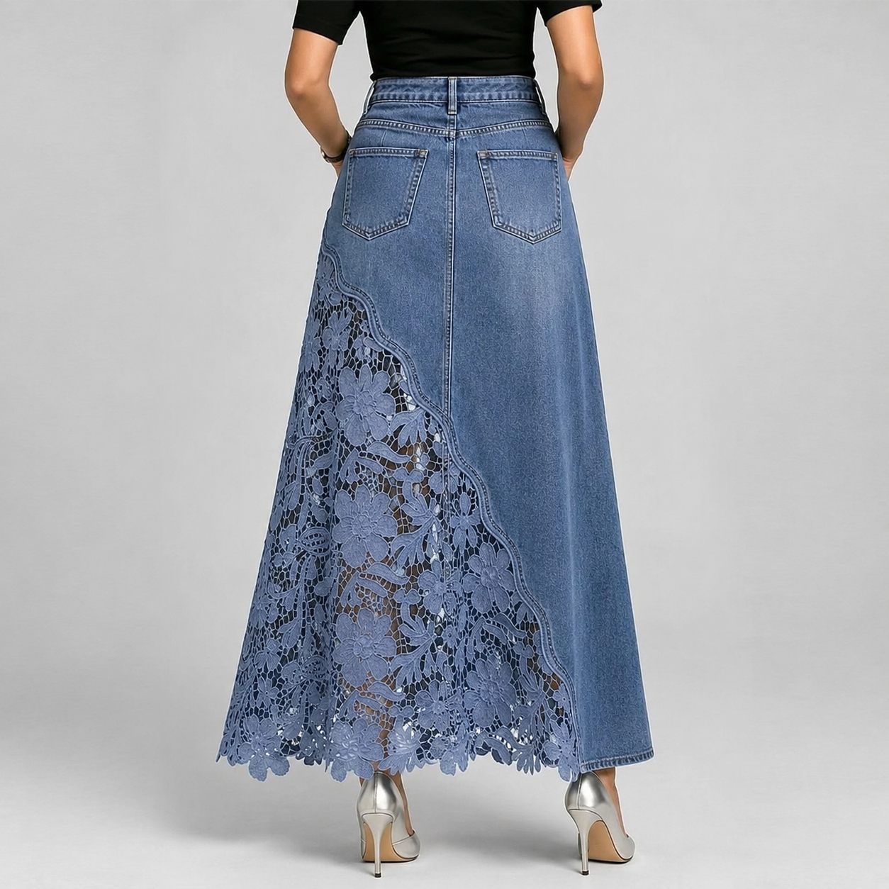 Celeste I Lace Denim Maxi Skirt
