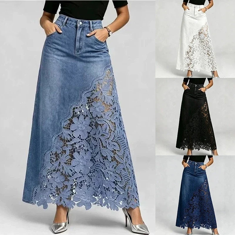 Celeste I Lace Denim Maxi Skirt