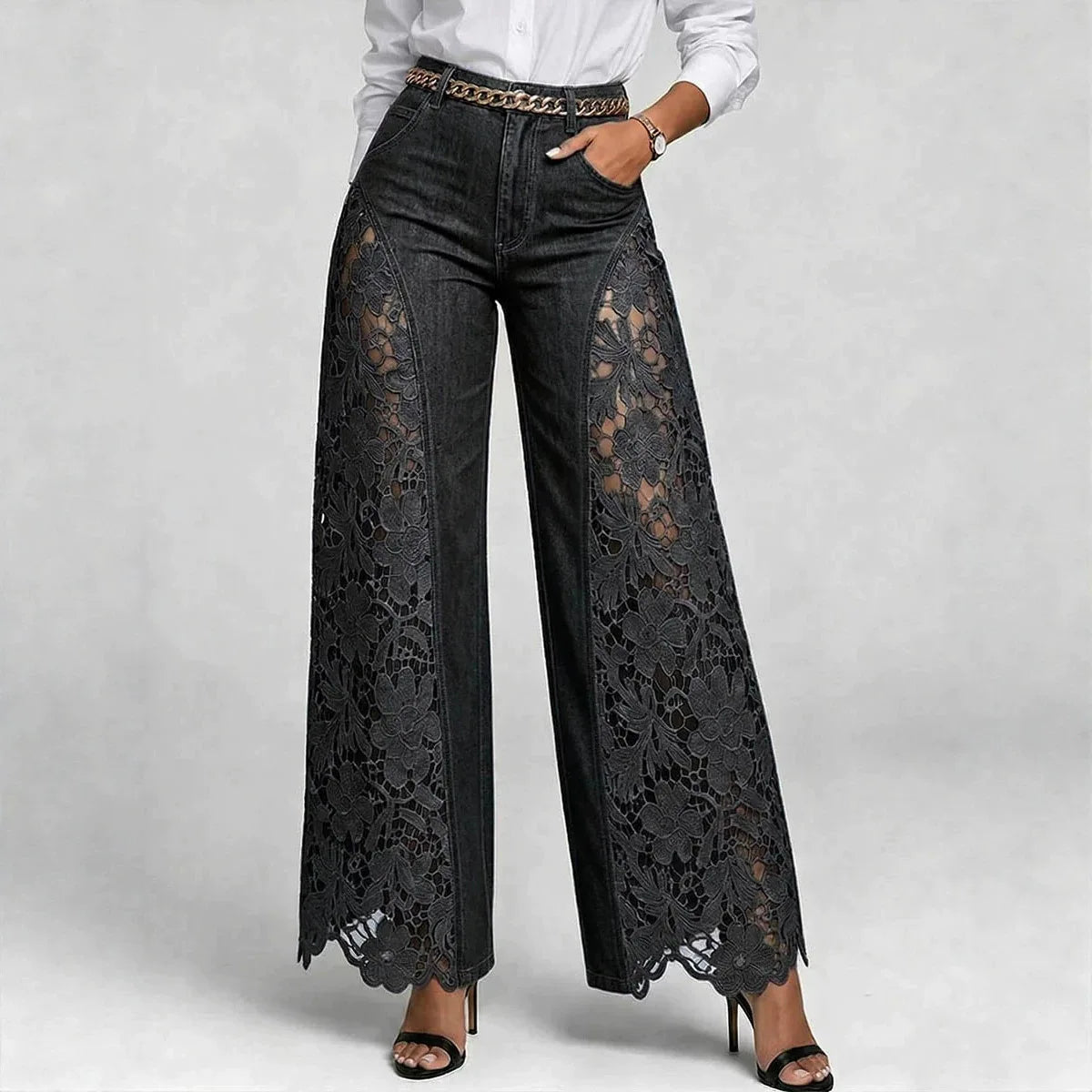 Harper™ | Lace Detail Wide-Leg Jeans