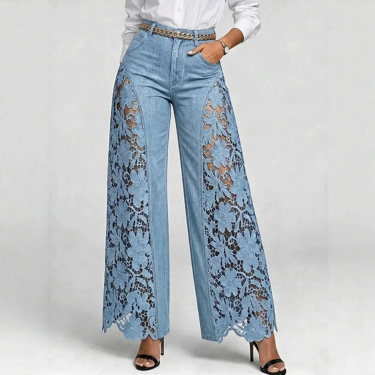 Harper™ | Lace Detail Wide-Leg Jeans