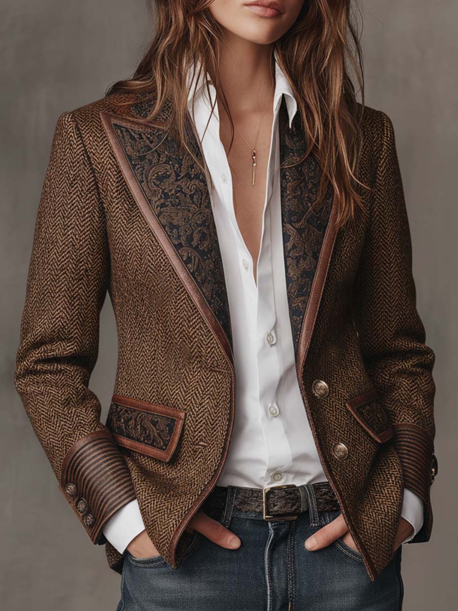 Elodie I Herringbone Printed Panel Blazer