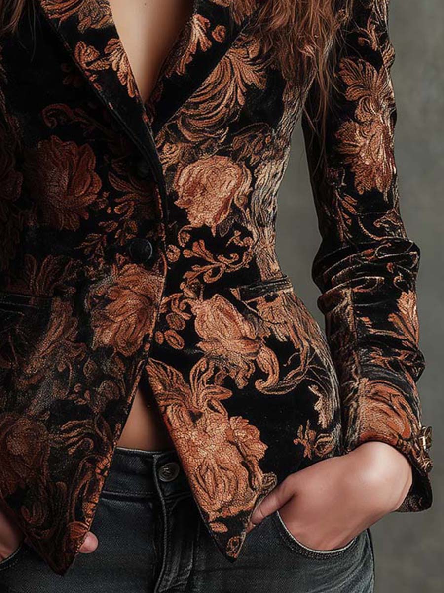 Marlowe I  Black And Bronze Floral Print Tailored Blazer