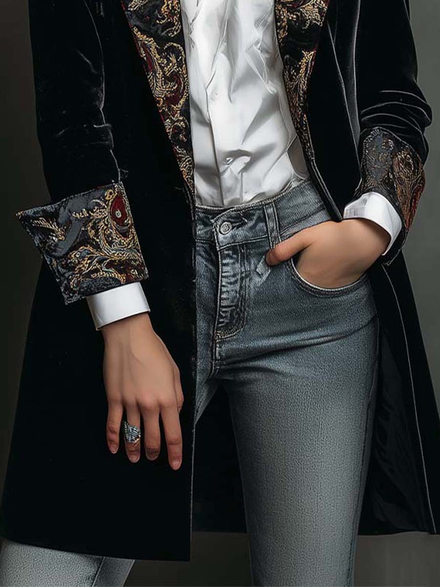 Sienna I Black Baroque Print Lapel Slim Fit Blazer