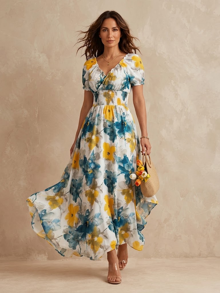 Delphine | Shirred Floral V-Neck Maxi