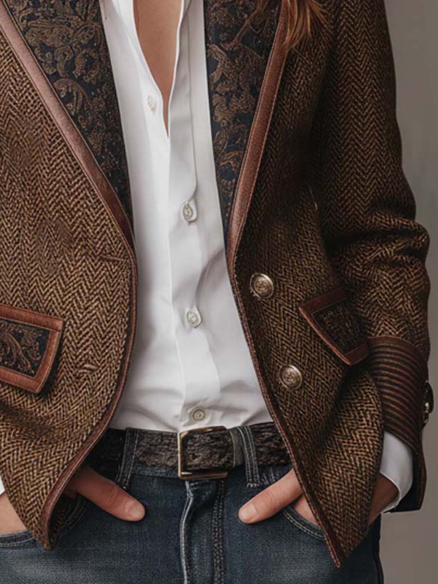 Elodie I Herringbone Printed Panel Blazer